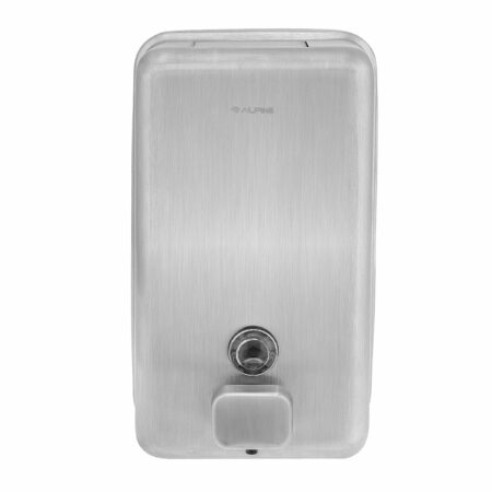 ALPINE INDUSTRIES MANUAL SURFACE-MOUNTED STAINLESS STEEL LIQUID SOAP DISPENSER WITH STAINLESS STEEL PUSH BUTTON, 40 OZ CAPACITY