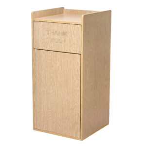 OAK 40 GALLON WOOD RECEPTACLE ENCLOSURE WITH DROP HOLE AND TRAY SHELF