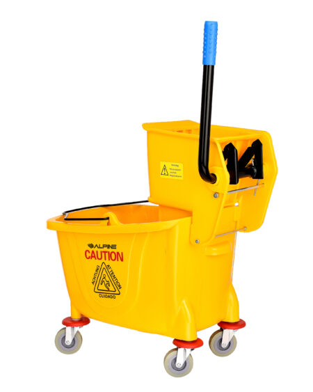 Yellow Mop Bucket with Wringer, Handle, and Wheels