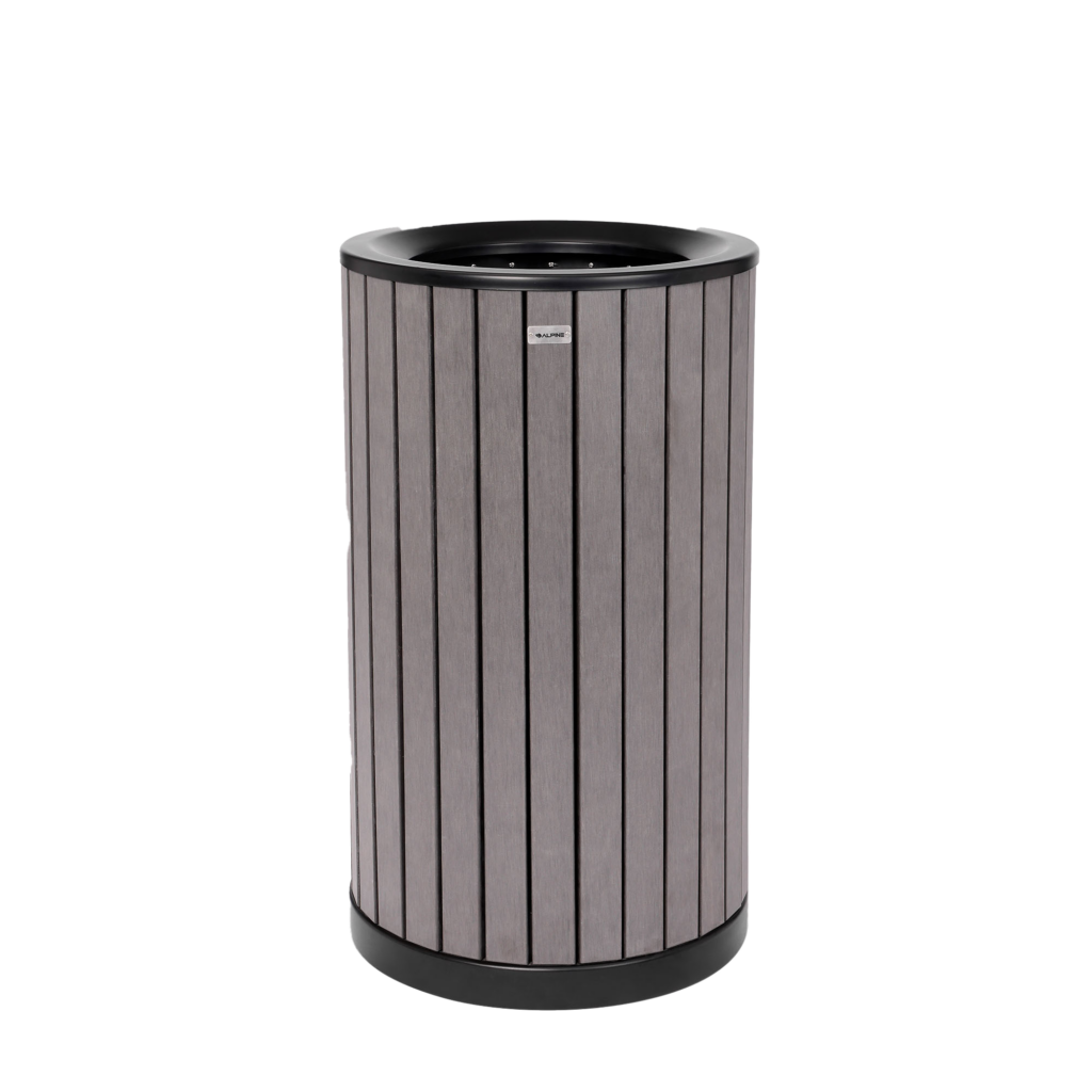 Round, 32Gallon Outdoor Trash Container with Slatted Recycled Plastic