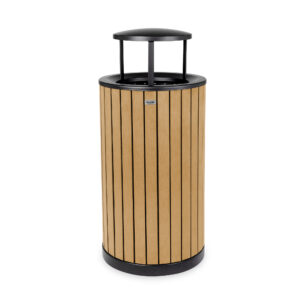 Round, 32-Gallon Outdoor Trash Container with Slatted Recycled Plastic Panels and Rain Bonnet Lid