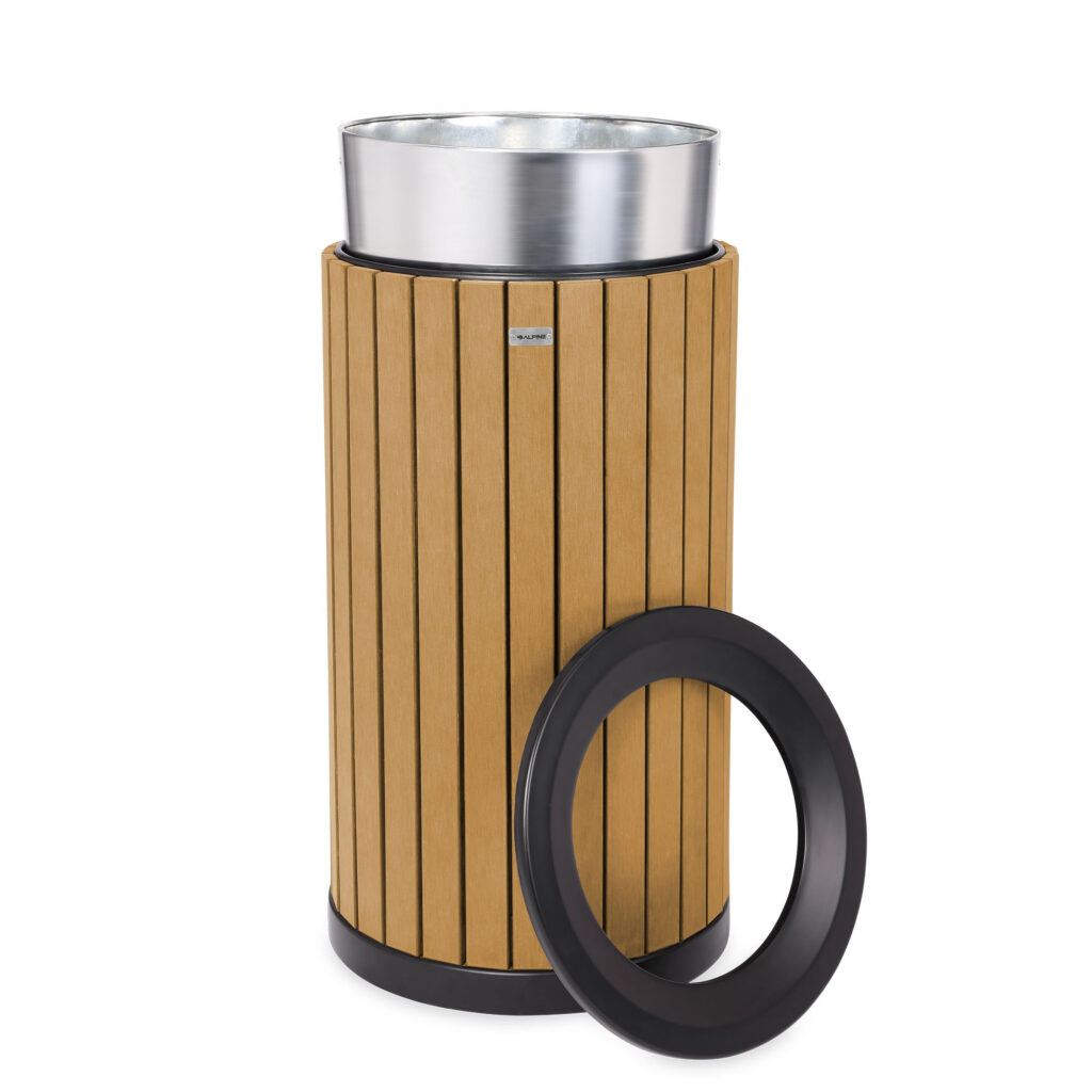 Round, 32-Gallon Outdoor Trash Container with Slatted Recycled Plastic ...