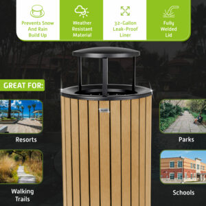 Round, 32-Gallon Outdoor Trash Container with Slatted Recycled Plastic Panels and Rain Bonnet Lid