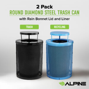 Black Round Diamond Steel Trash Can with Black Rain Bonnet and